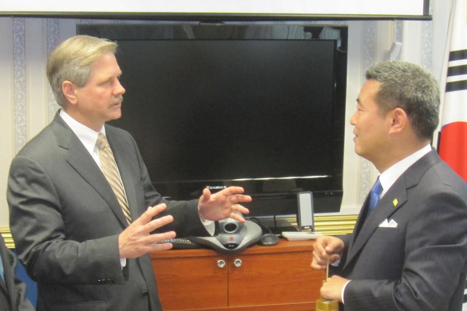 Trade Trip to South Korea-April 2011-Senator Hoeven meets with Jack Kim of Kim & Price Corporation, a partnership between Kim and North Dakota cattle producer Bill Price. Hoeven visited South Korea to discuss trade and security issues with an official delegation of U.S. Senators.